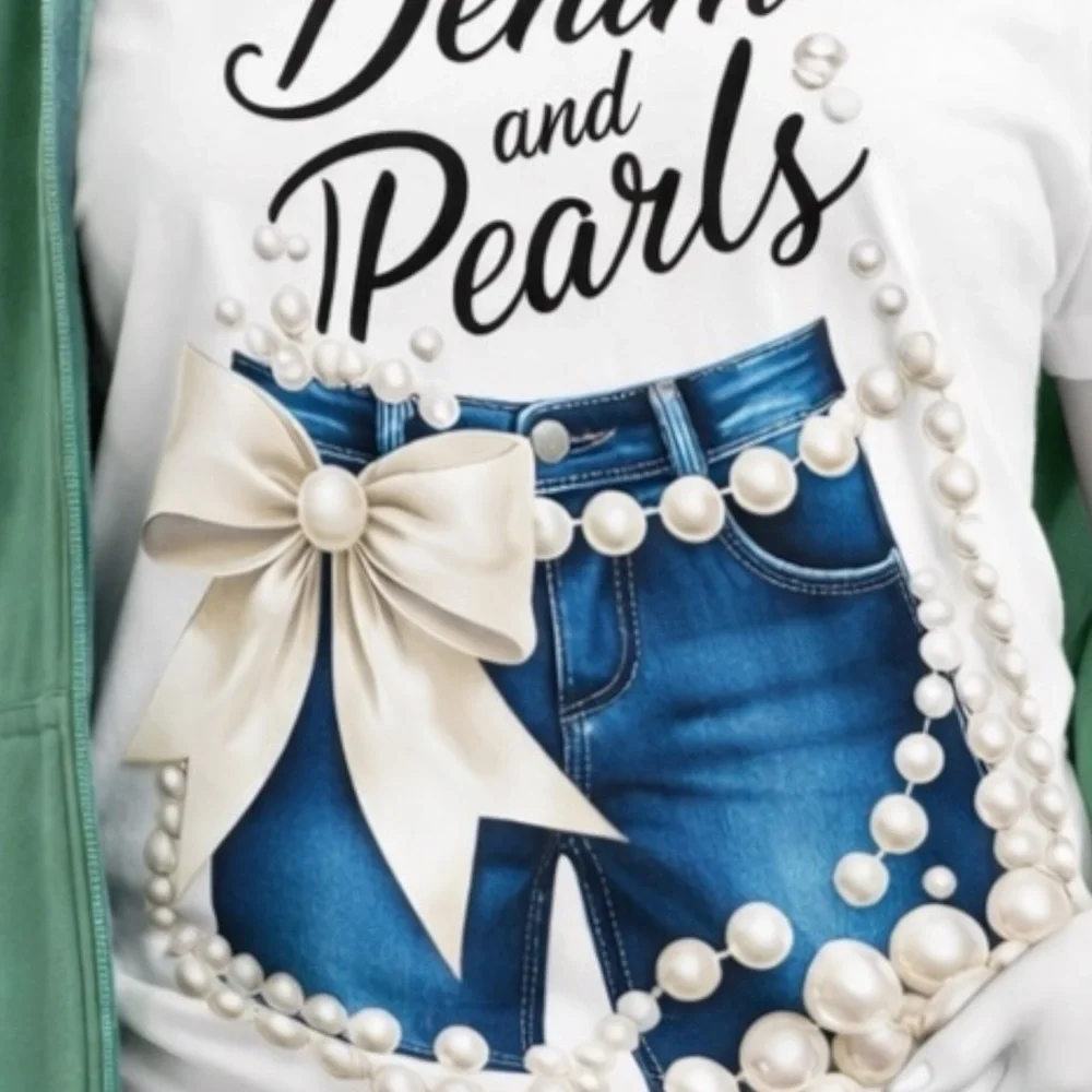 New “Denim and Pearls@ Graphic Tee - White - Picture 7 of 13
